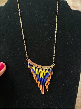 Gold-Tone Fringe Bead Necklace with Blue, Yellow & Orange Accents